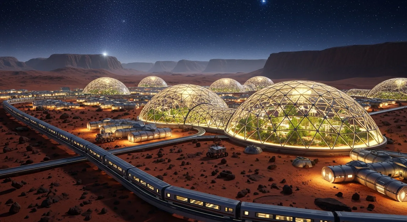 Mars settlement concept with biodomes and habitats on the Martian surface